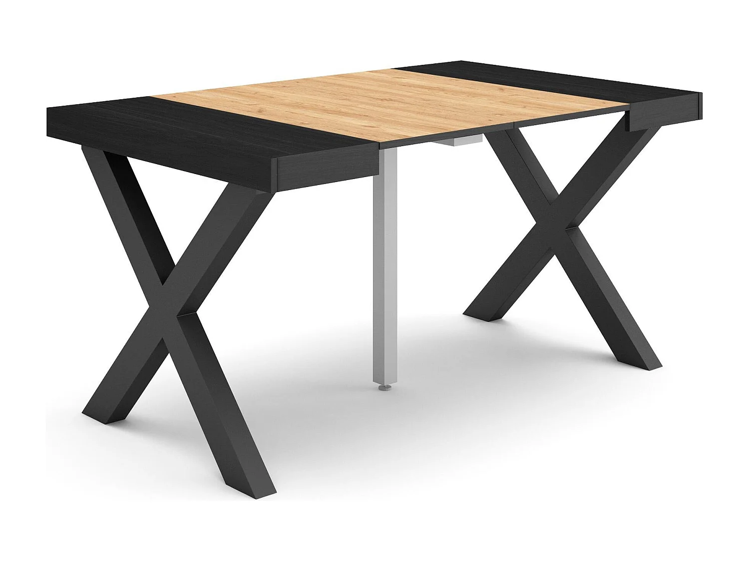 Table console extensible, 140x90x73cm, Pour 6 personnes, Pieds bois massif, Chêne et noir