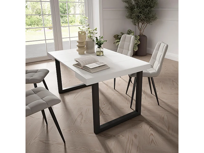 Consolle allungabile, 140x90x73cm, Per 6 persone, Gambe in legno, Bianco