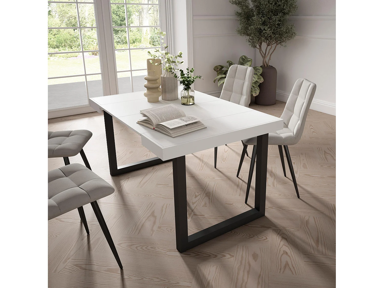 Table console extensible, 140x90x73cm, Pour 6 personnes, Pieds bois massif, Blanc