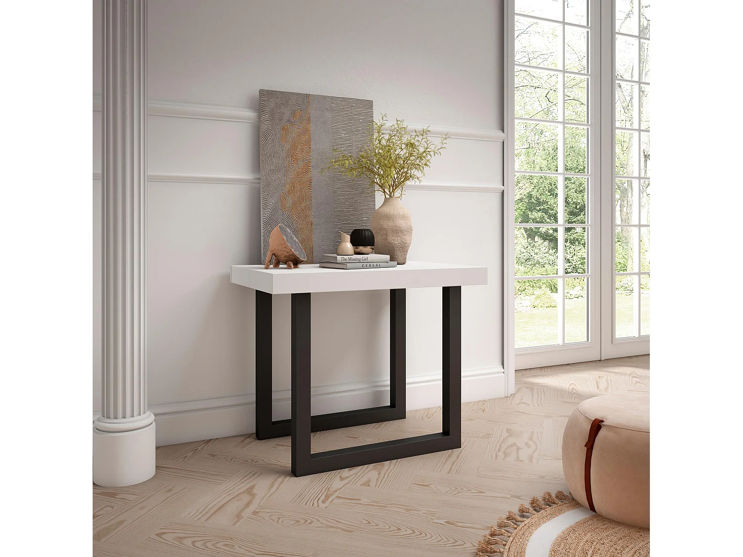 Table console extensible, 140x90x73cm, Pour 6 personnes, Pieds bois massif, Blanc