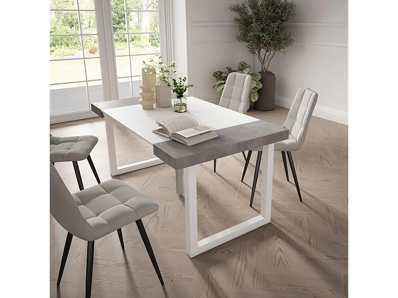 Table console extensible, 160x90x73cm, Pour 8 personnes, Pieds bois massif, Blanc et ciment