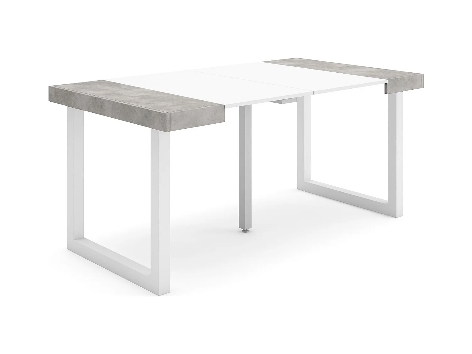 Table console extensible, 160x90x73cm, Pour 8 personnes, Pieds bois massif, Blanc et ciment