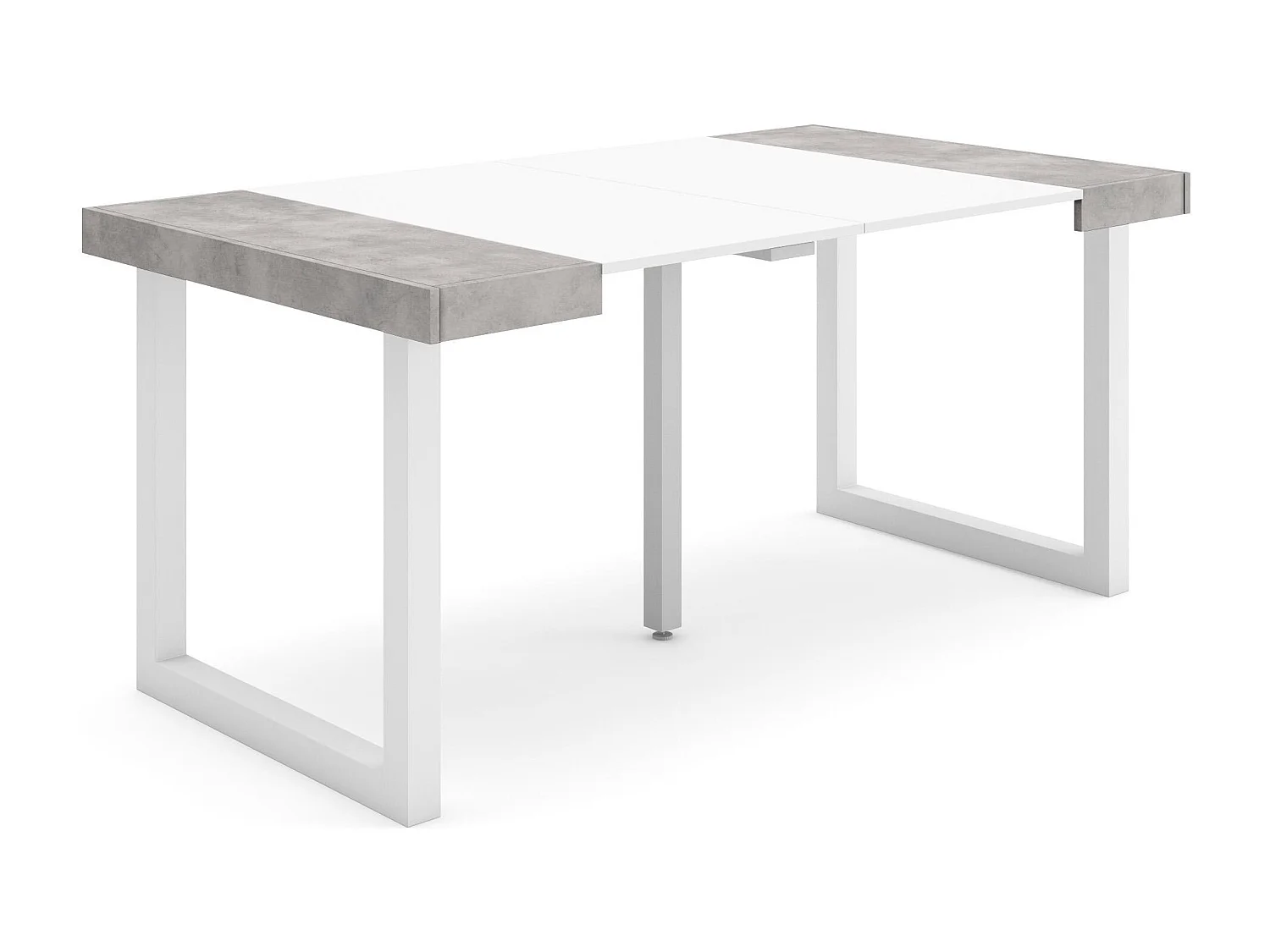 Table console extensible, 160x90x73cm, Pour 8 personnes, Pieds bois massif, Blanc et ciment