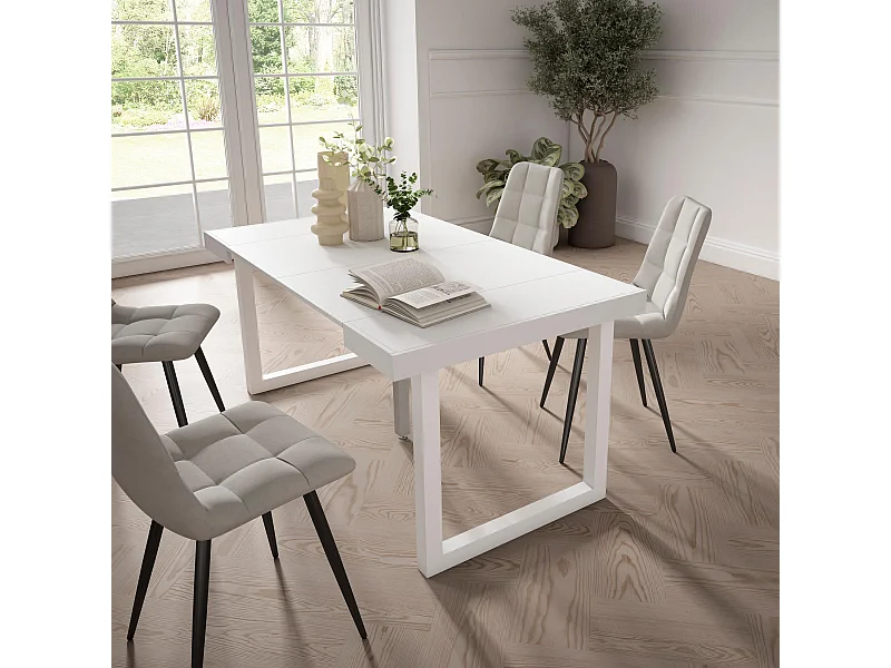 Table console extensible, 160x90x73cm, Pour 8 personnes, Pieds bois massif, Blanc