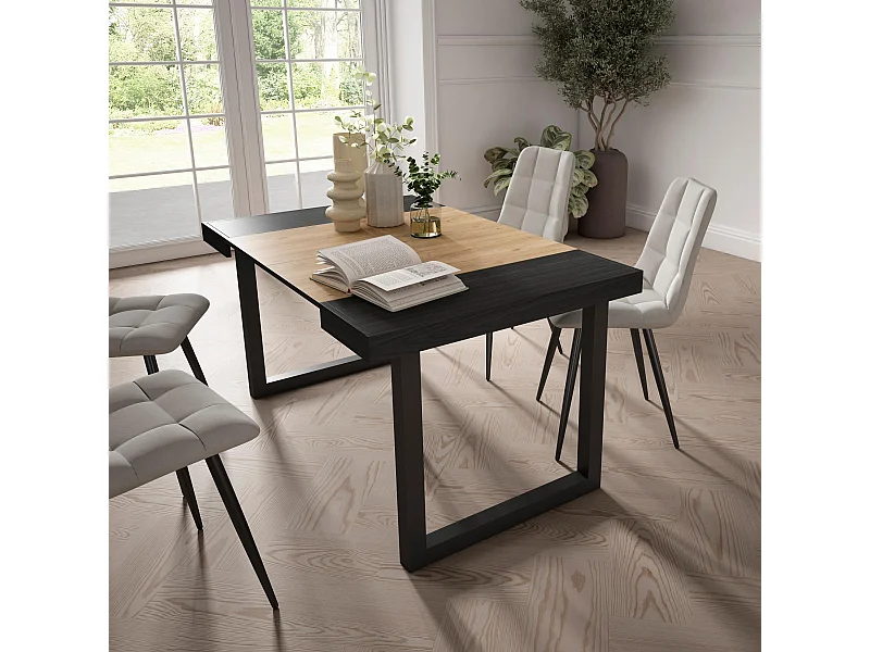 Uitschuifbare Consoletafel, 140x90x73cm, Voor 6 personen, Massief houten poten, Zwart/Eiken