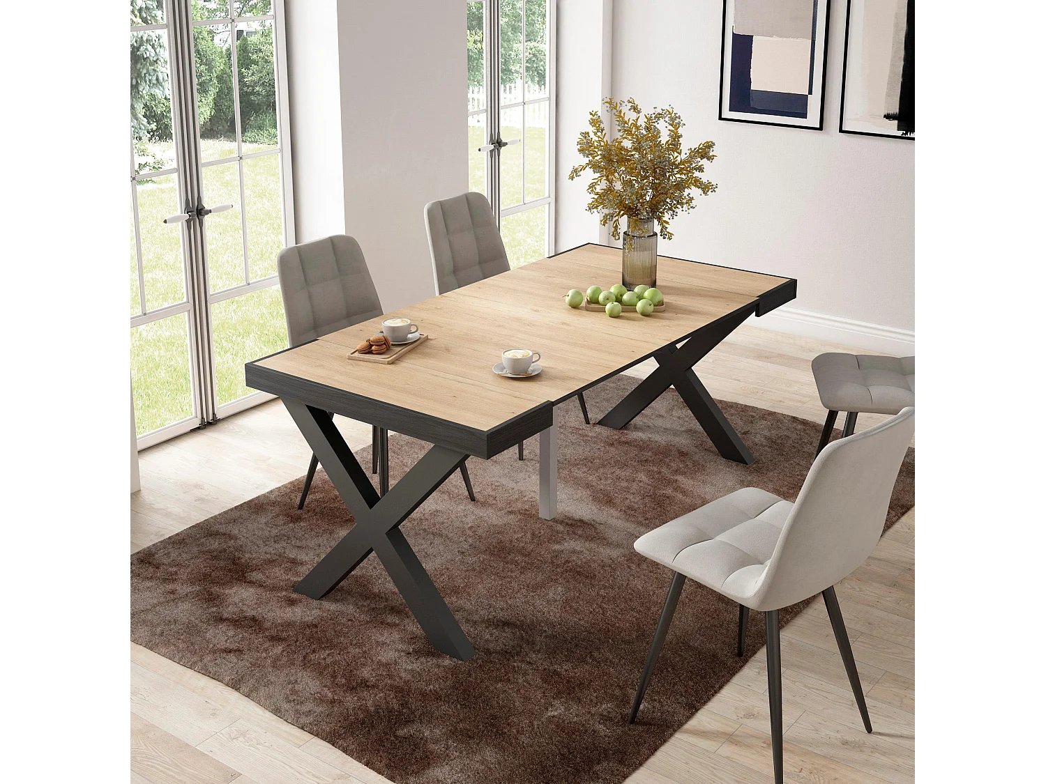 Table console extensible, 180x90x73cm, Pour 8 personnes, Pieds bois massif, Chêne