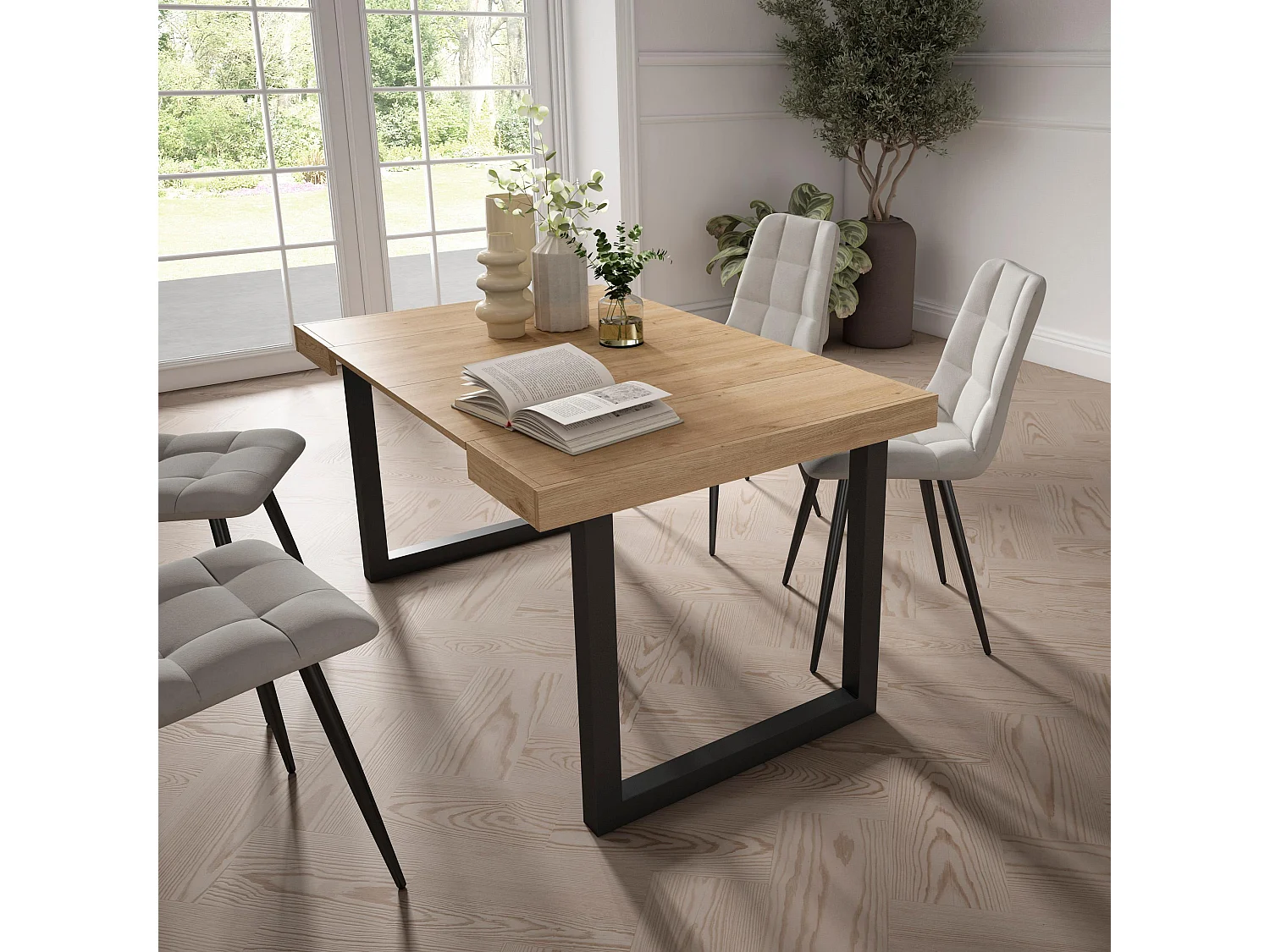 Table console extensible, 140x90x73cm, Pour 6 personnes, Pieds bois massif, Chêne