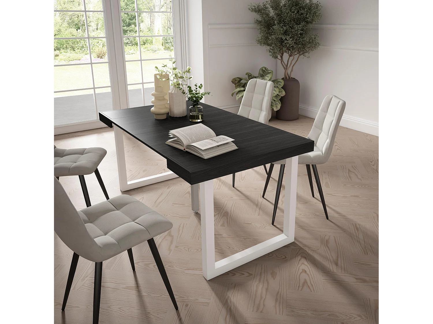 Mesa Consola extensible, 160x90x73cm, Para 8 comensales, Patas madera maciza, Negro