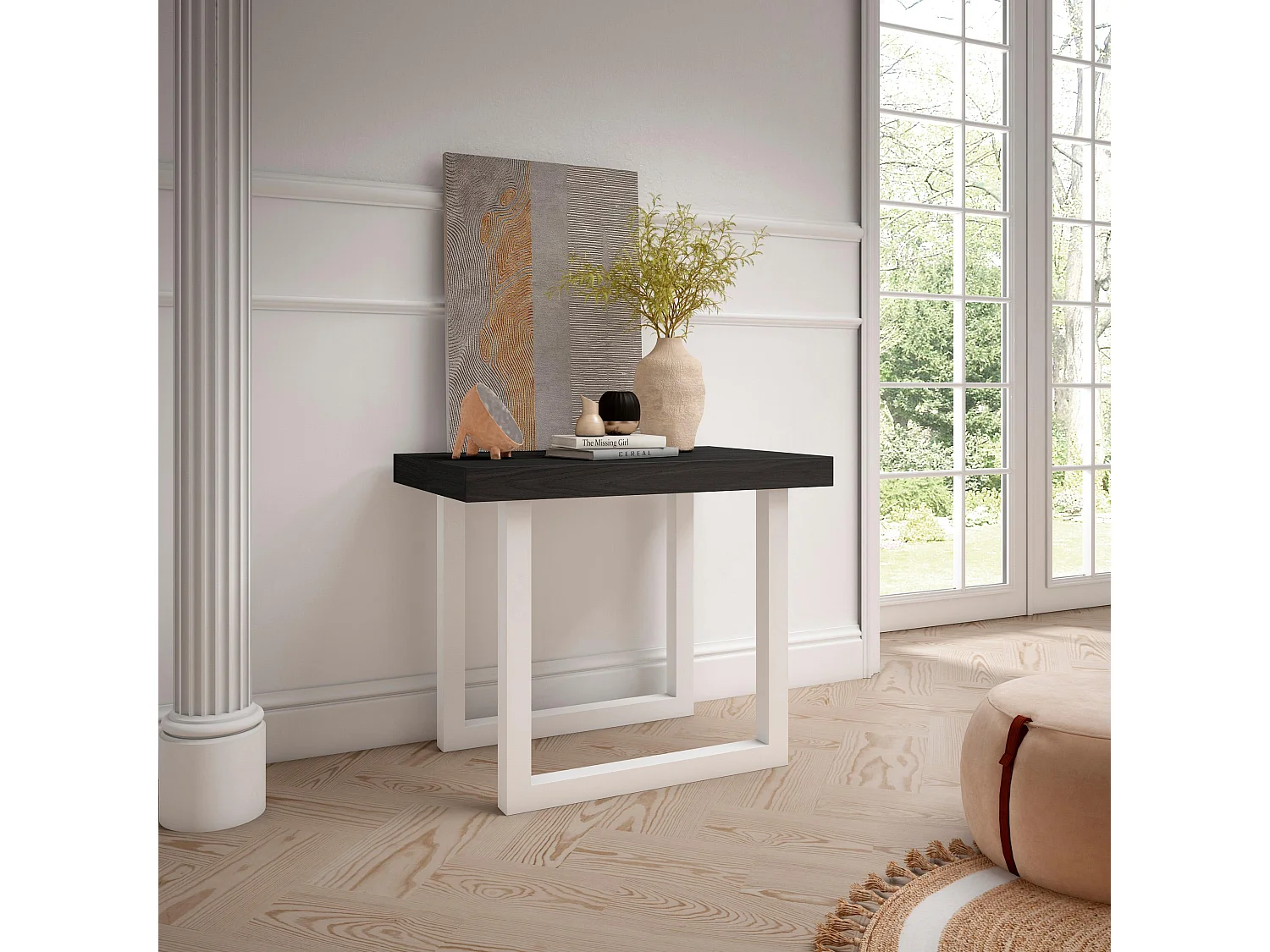 Mesa Consola extensible, 160x90x73cm, Para 8 comensales, Patas madera maciza, Negro