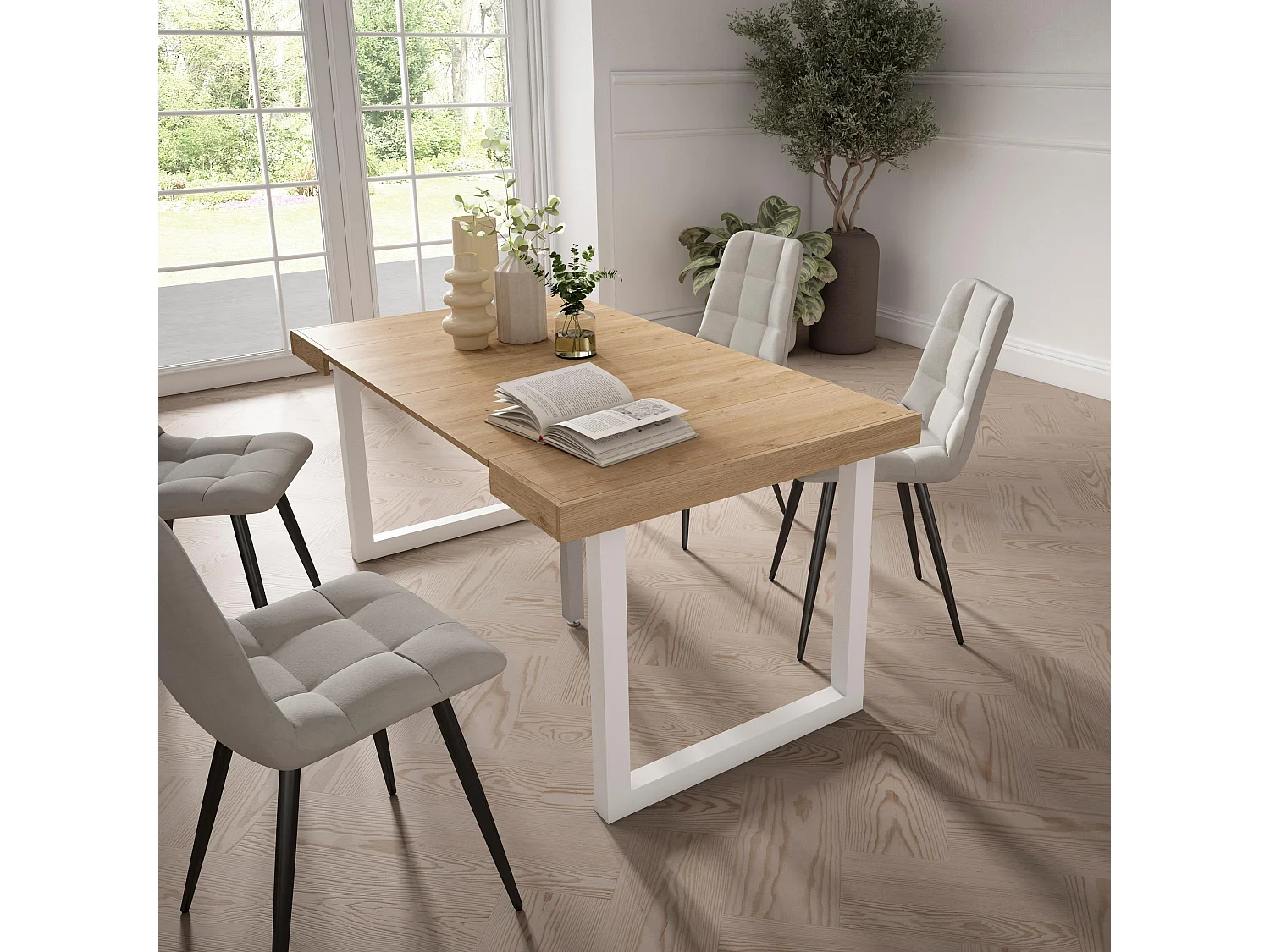 Table console extensible, 160x90x73cm, Pour 8 personnes, Pieds bois massif, Chêne