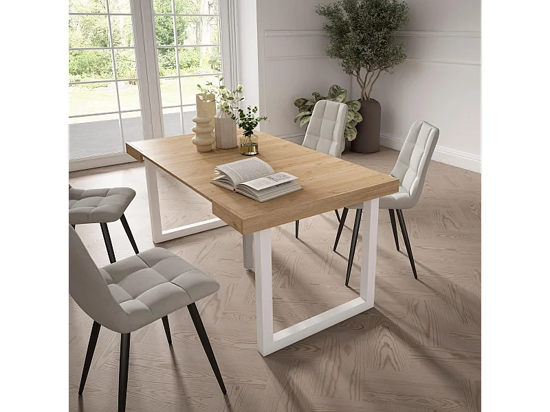 Table console extensible, 160x90x73cm, Pour 8 personnes, Pieds bois massif, Chêne