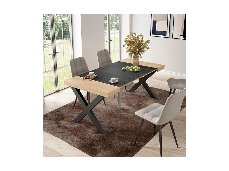 Mesa Consola Extensível, 180x90x73cm, Para 8 pessoas, Pés de madeira, Carvahlo e preto