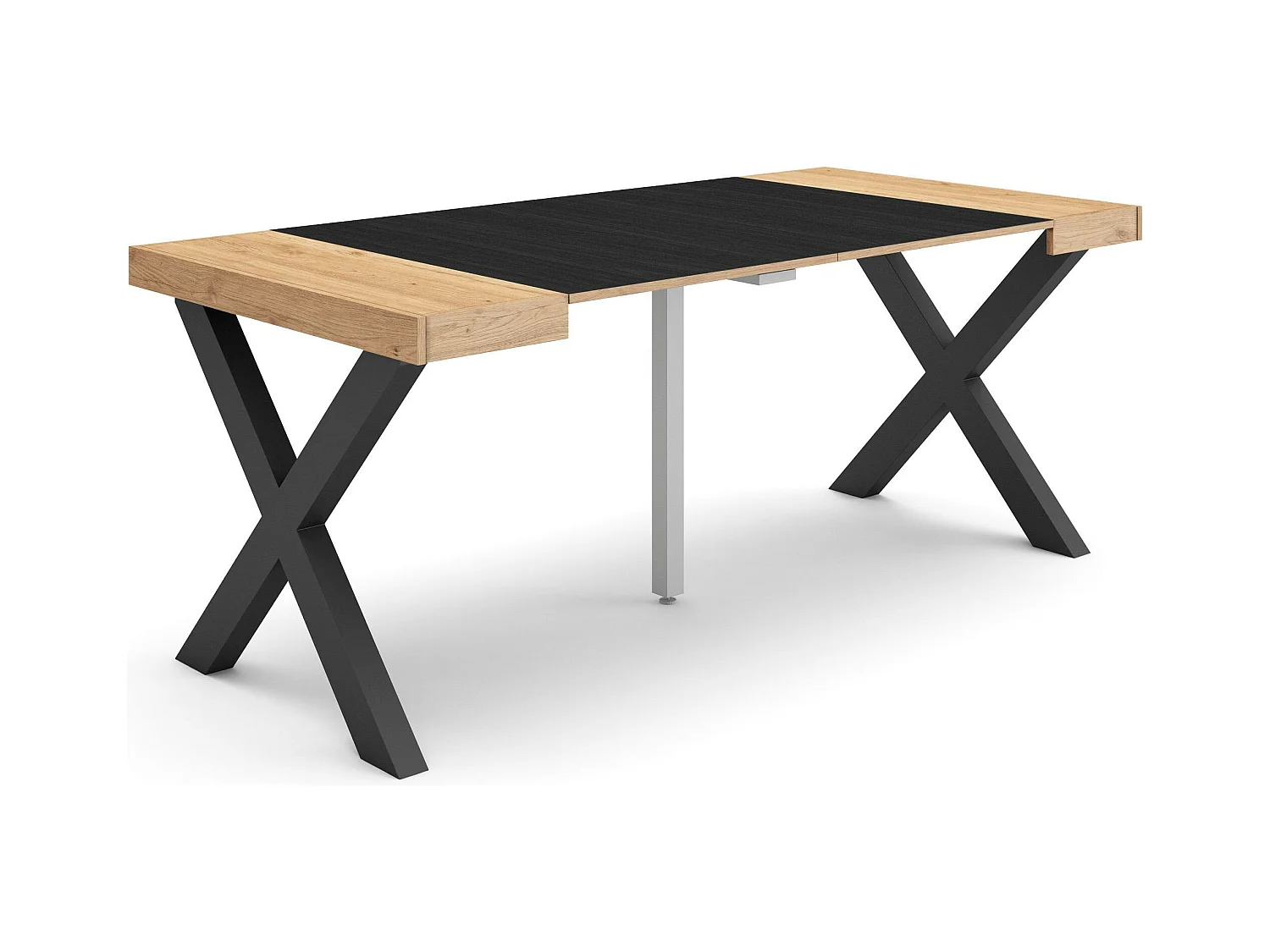 Table console extensible, 180x90x73cm, Pour 8 personnes, Pieds bois massif, Chêne et noir