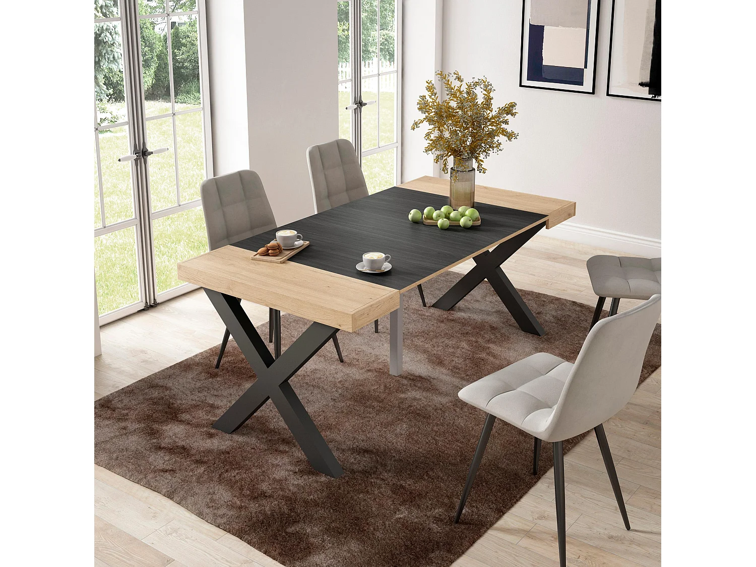 Table console extensible, 180x90x73cm, Pour 8 personnes, Pieds bois massif, Chêne et noir