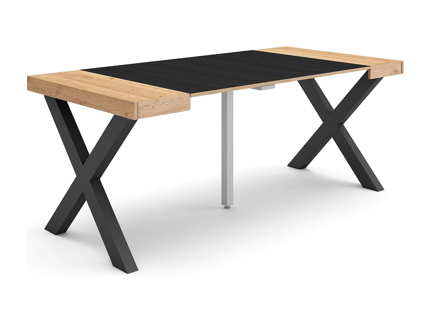 Table console extensible, 180x90x73cm, Pour 8 personnes, Pieds bois massif, Chêne et noir