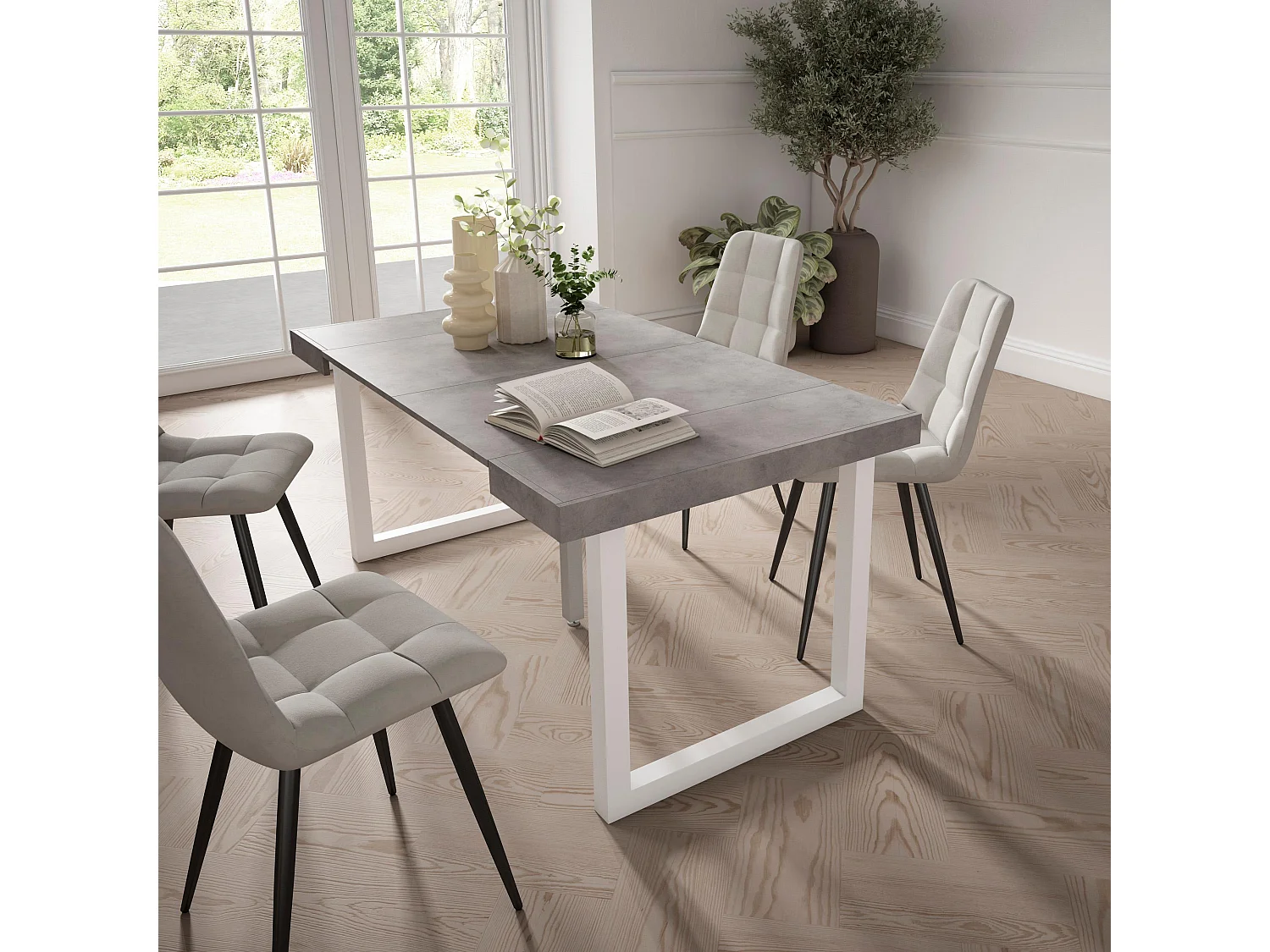 Table console extensible, 160x90x73cm, Pour 8 personnes, Pieds bois massif, Ciment