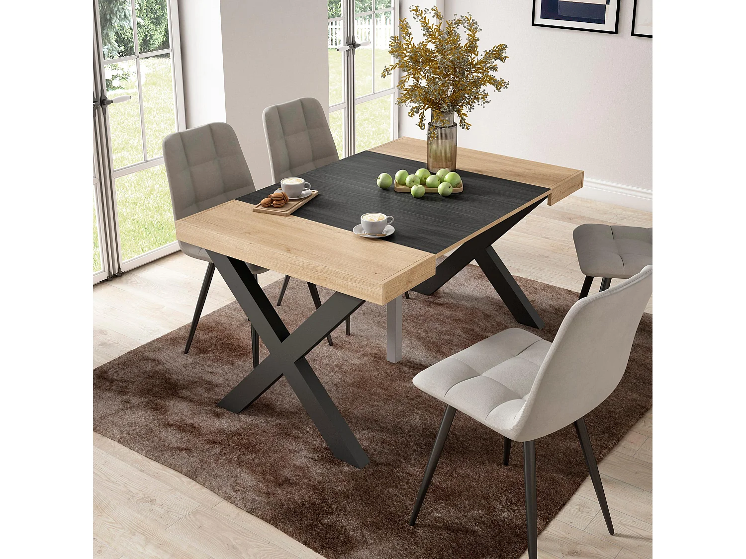 Uitschuifbare Consoletafel, 140x90x73cm, Voor 6 personen, Massief houten poten, Eiken/Zwart