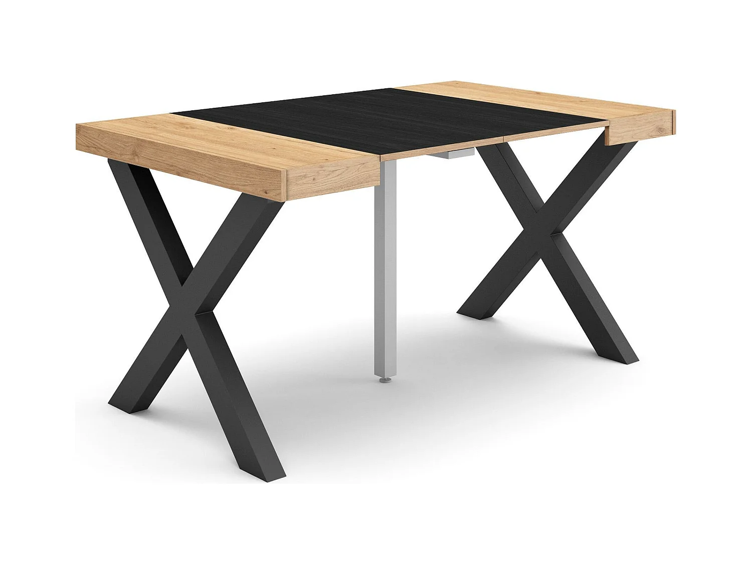 Table console extensible, 140x90x73cm, Pour 6 personnes, Pieds bois massif, Chêne et noir