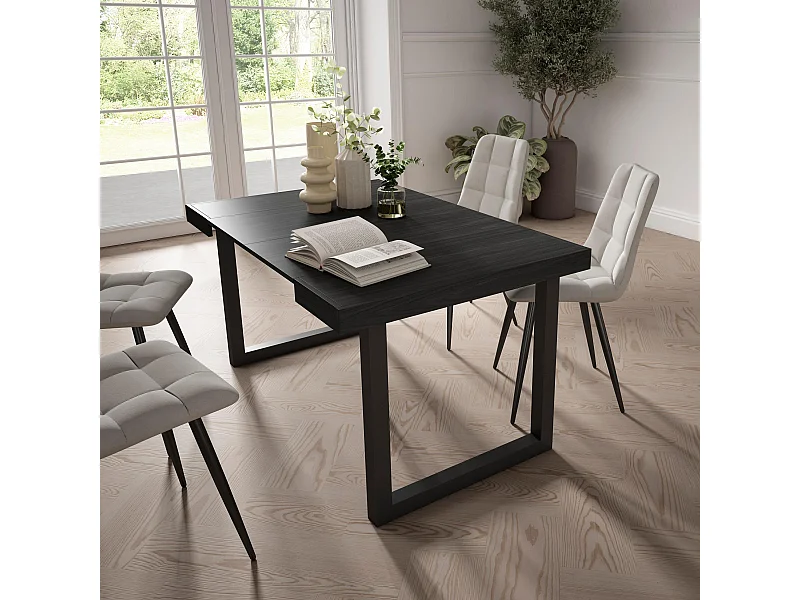 Uitschuifbare Consoletafel, 140x90x73cm, Voor 6 personen, Massief houten poten, Zwart