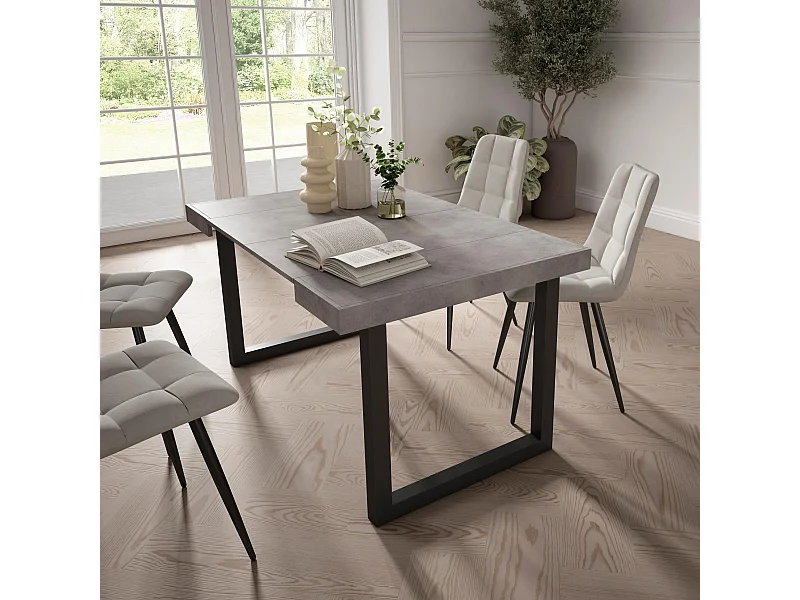 Uitschuifbare Consoletafel, 140x90x73cm, Voor 6 personen, Massief houten poten, Cement