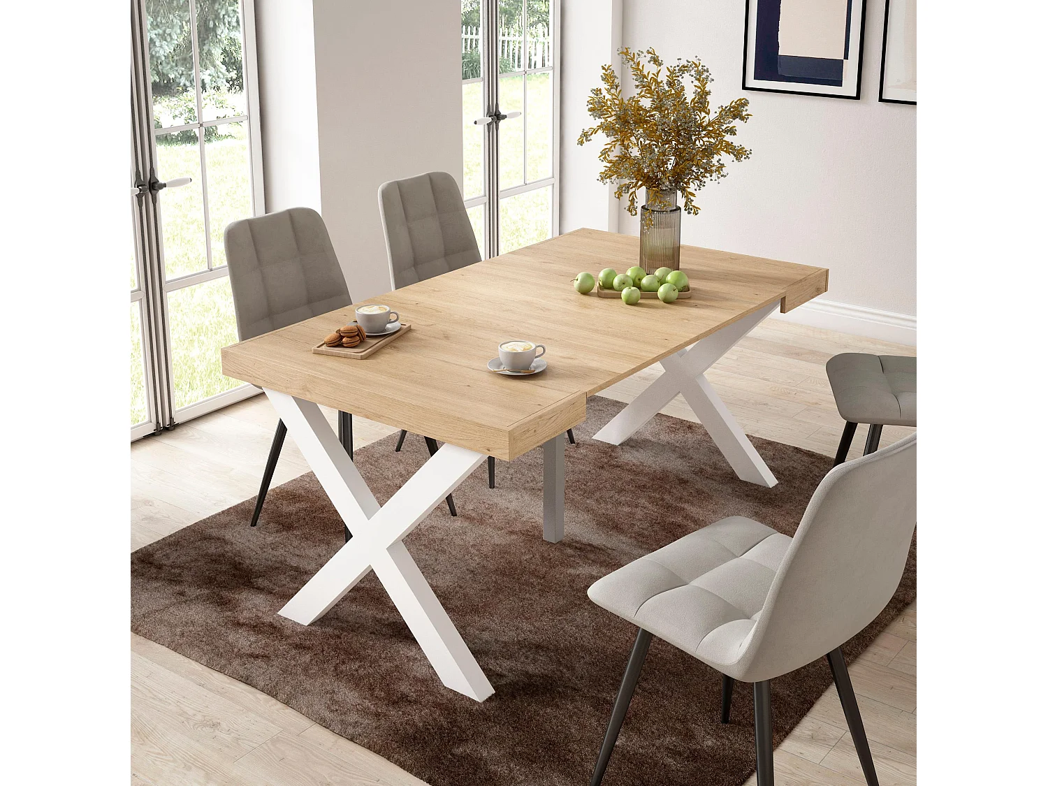 Table console extensible, 160x90x73cm, Pour 8 personnes, Pieds bois massif, Chêne