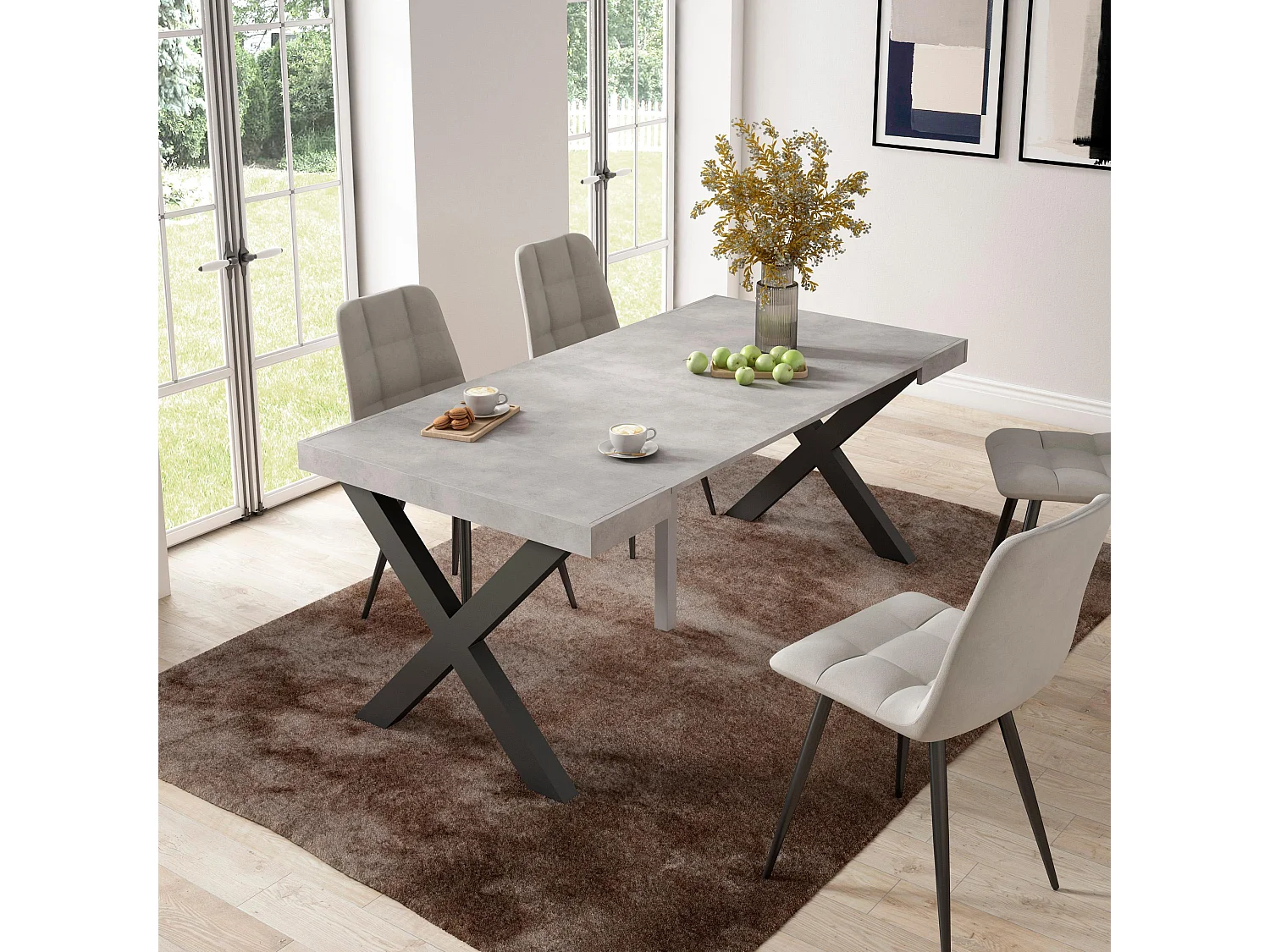 Table console extensible, 180x90x73cm, Pour 8 personnes, Pieds bois massif, Ciment