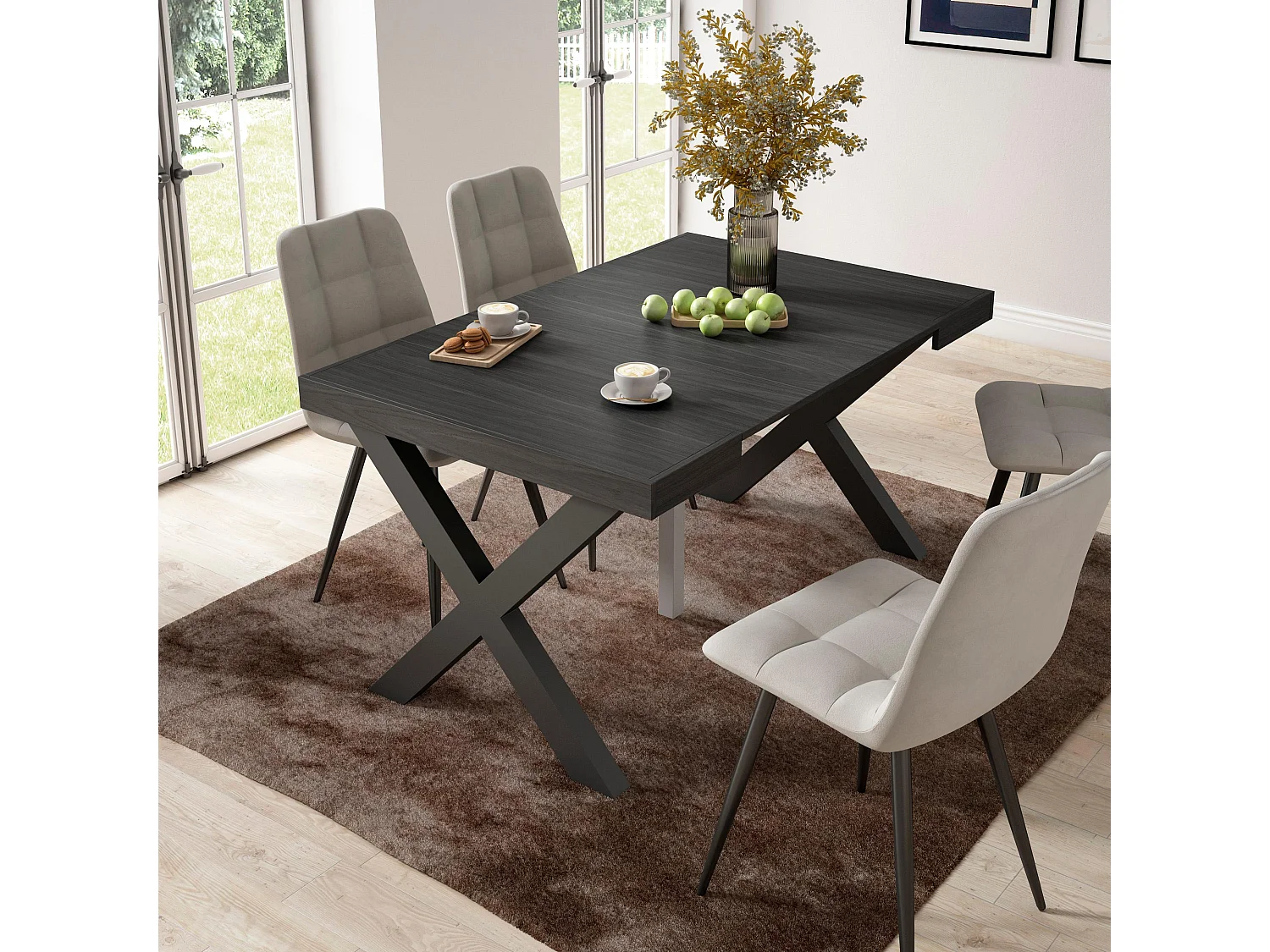 Table console extensible, 140x90x73cm, Pour 6 personnes, Pieds bois massif, Noir