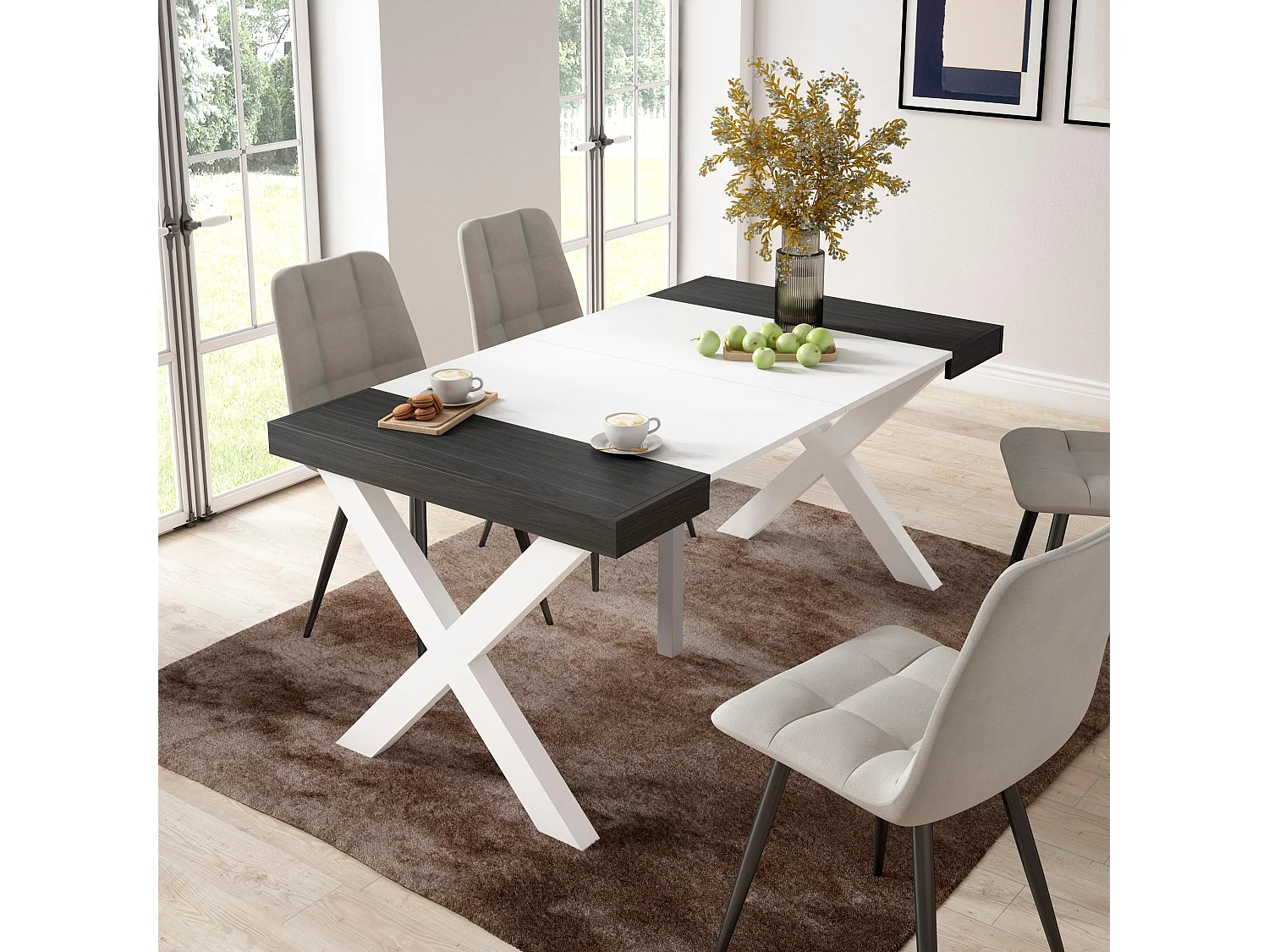 Table console extensible, 160x90x73cm, Pour 8 personnes, Pieds bois massif, Blanc et noir