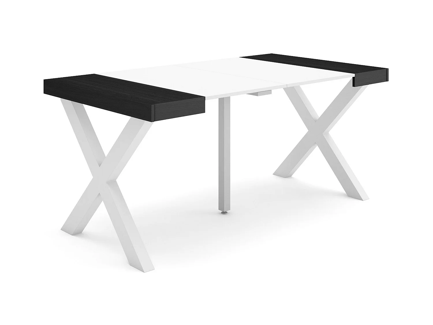 Table console extensible, 160x90x73cm, Pour 8 personnes, Pieds bois massif, Blanc et noir