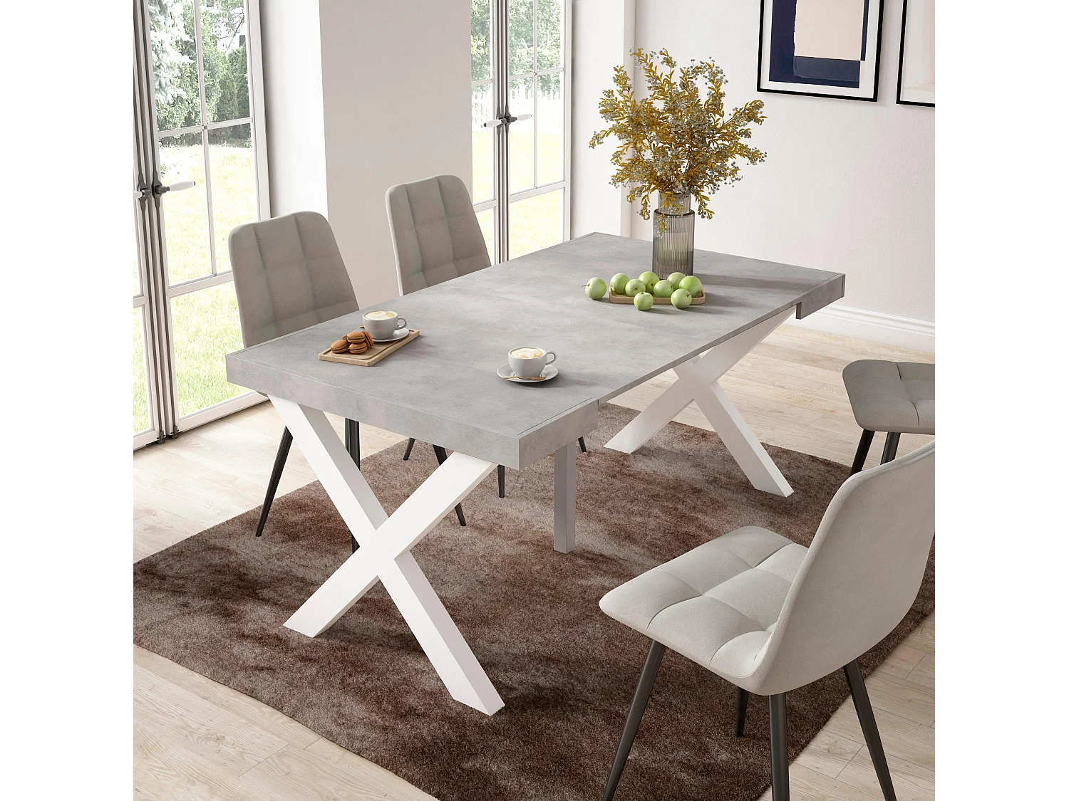 Table console extensible, 160x90x73cm, Pour 8 personnes, Pieds bois massif, Ciment