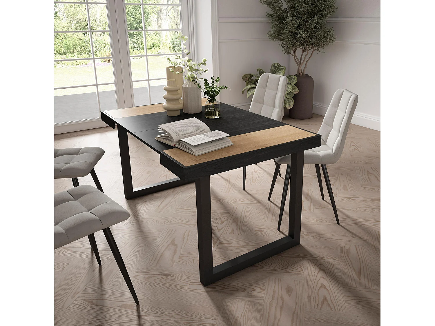 Ausziehbarertisch, 140x90x73cm, Für 6 Gäste, Massivholz Beine, Eiche Schwarz