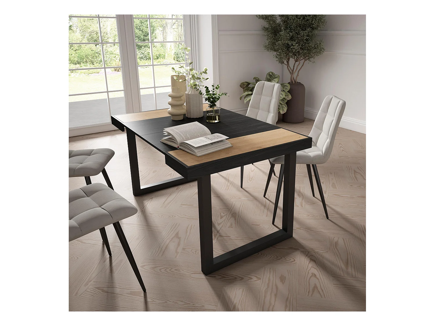 Table console extensible, 140x90x73cm, Pour 6 personnes, Pieds bois massif, Chêne et noir