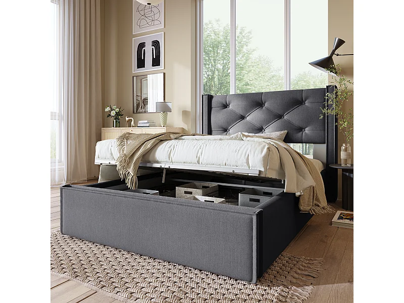 Lit coffre - avec structure métal - Gris Lit 90x200 cm en tissu capitonné - Sweiko