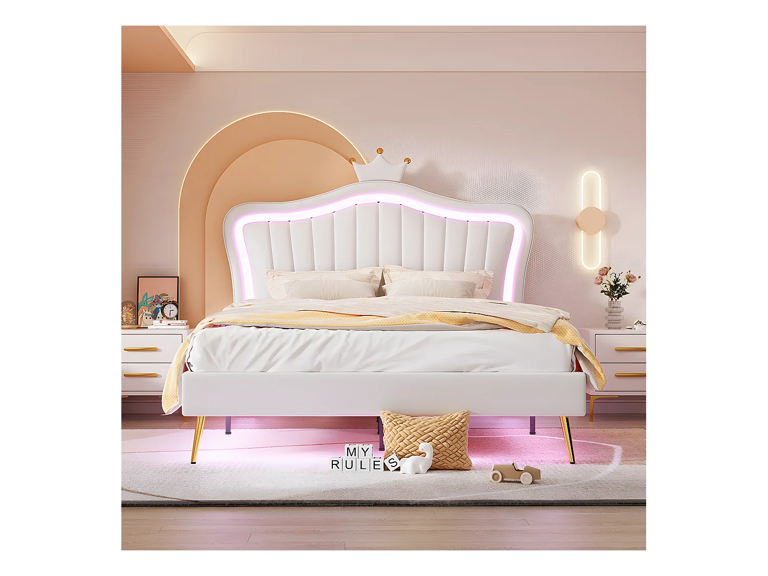 Lit enfant - lit en cuir PU blanc avec lampes LED - 140 x 200 cm - Sweiko