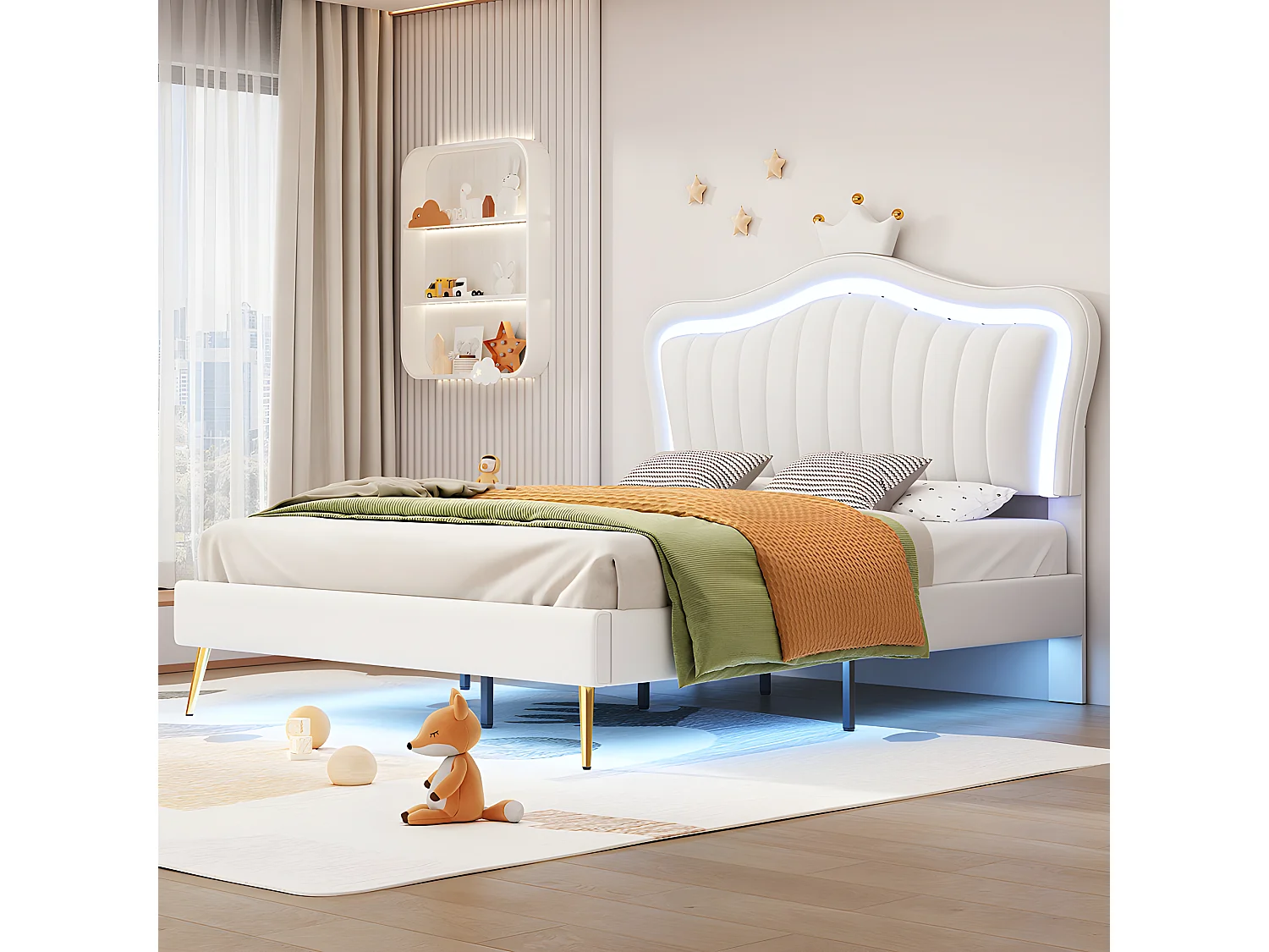 Lit enfant - lit en cuir PU blanc avec lampes LED - 140 x 200 cm - Sweiko