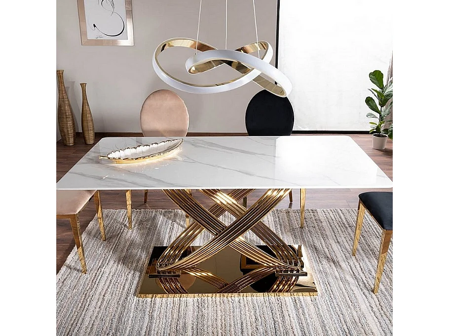 Table de salle à manger 160x90 céramique aspect marbre et pieds métal doré Domitille