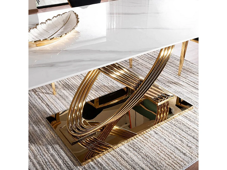 Table de salle à manger 160x90 céramique aspect marbre et pieds métal doré Domitille