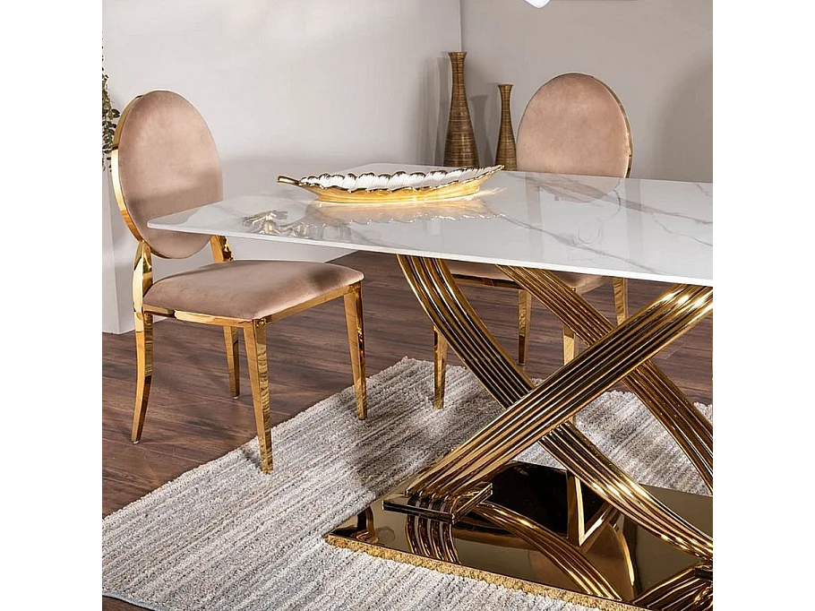 Table de salle à manger 160x90 céramique aspect marbre et pieds métal doré Domitille