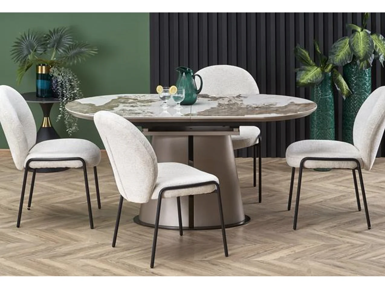 Table à manger extensible métal & marbre cappuccino 160cm Calexo