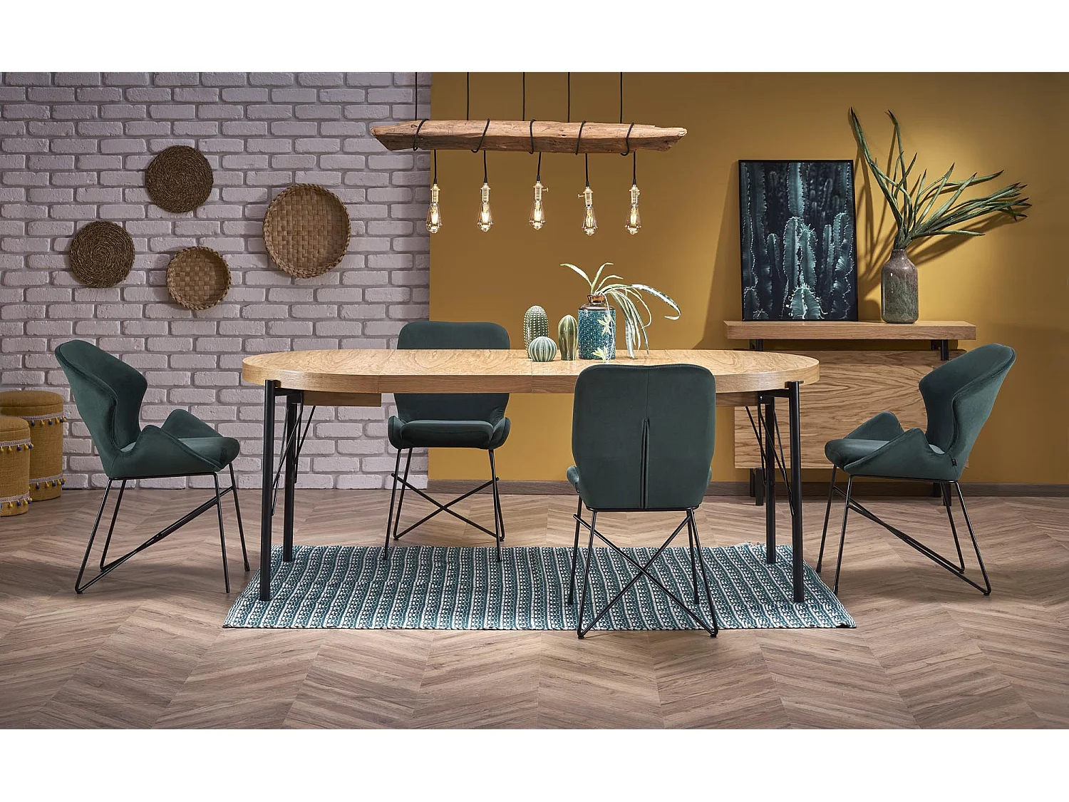 Table à manger ronde 100-300cm extensible avec plateau plaqué chêne et pieds métal AYA