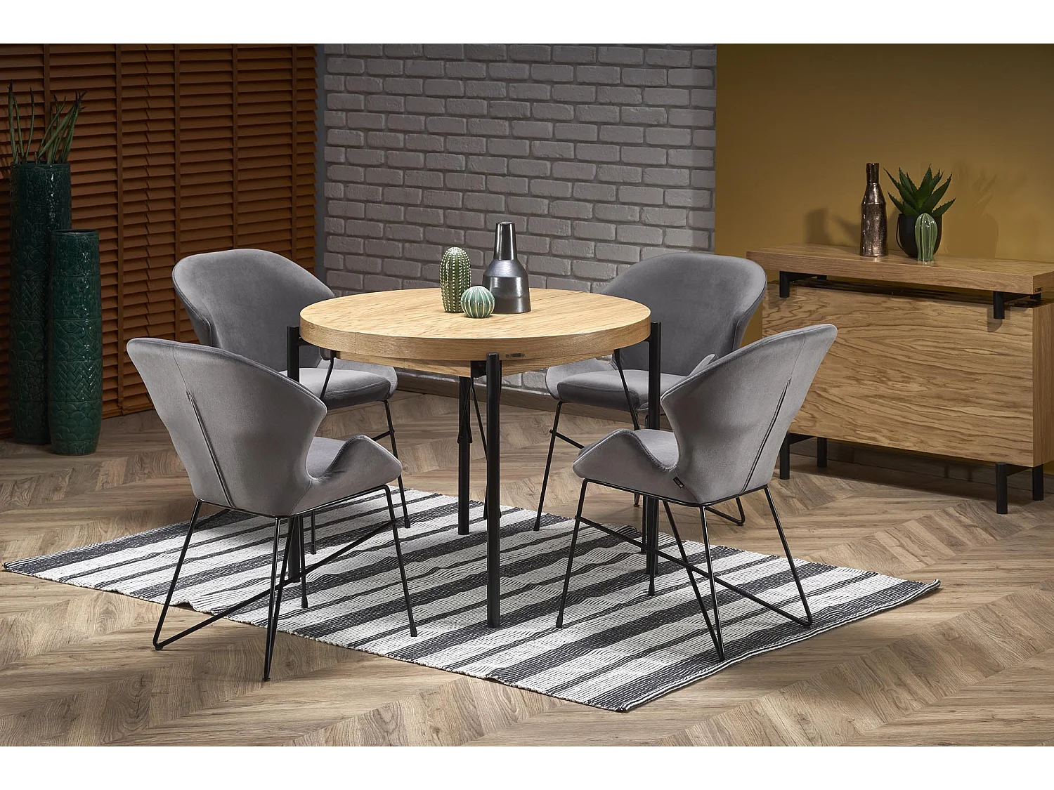 Table à manger ronde 100-300cm extensible avec plateau plaqué chêne et pieds métal AYA