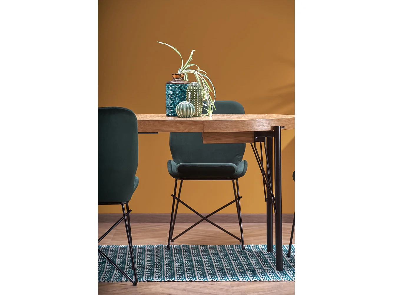 Table à manger ronde 100-300cm extensible avec plateau plaqué chêne et pieds métal AYA