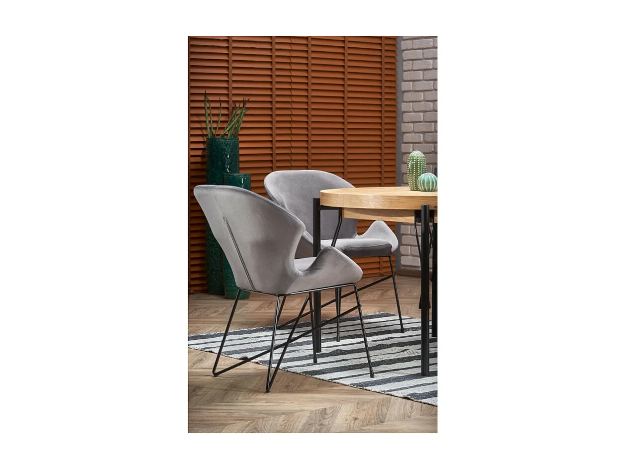 Table à manger ronde 100-300cm extensible avec plateau plaqué chêne et pieds métal AYA