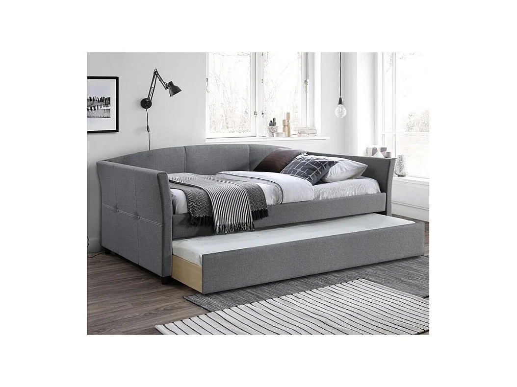 Lit gigogne en tissu gris avec structure en bois d'hévéa Sicile - 1 matelas (99€)