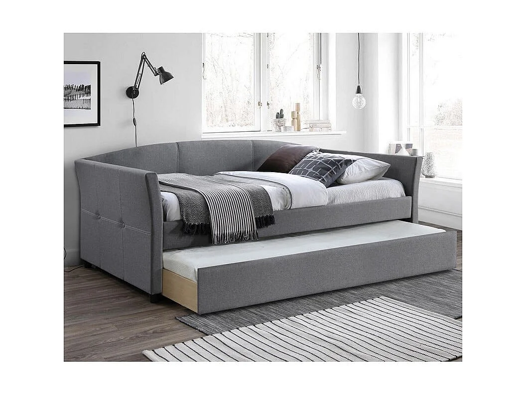Letto a scomparsa in tessuto grigio con struttura in legno di caucciù siciliano