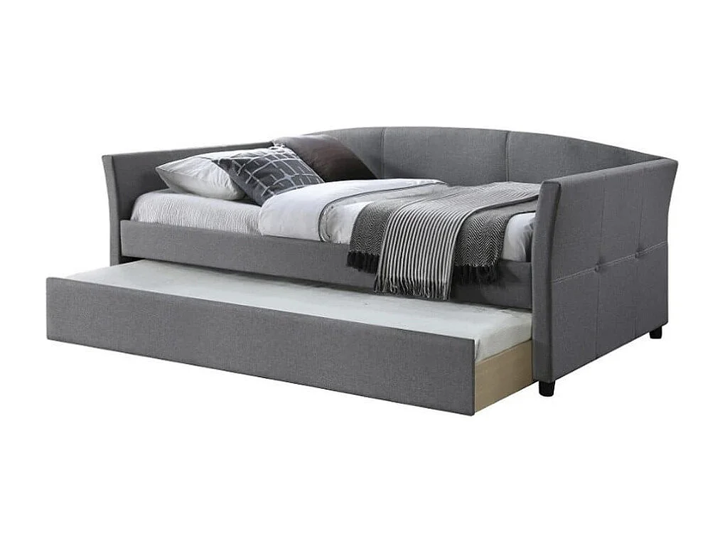 Letto a scomparsa in tessuto grigio con struttura in legno di caucciù siciliano