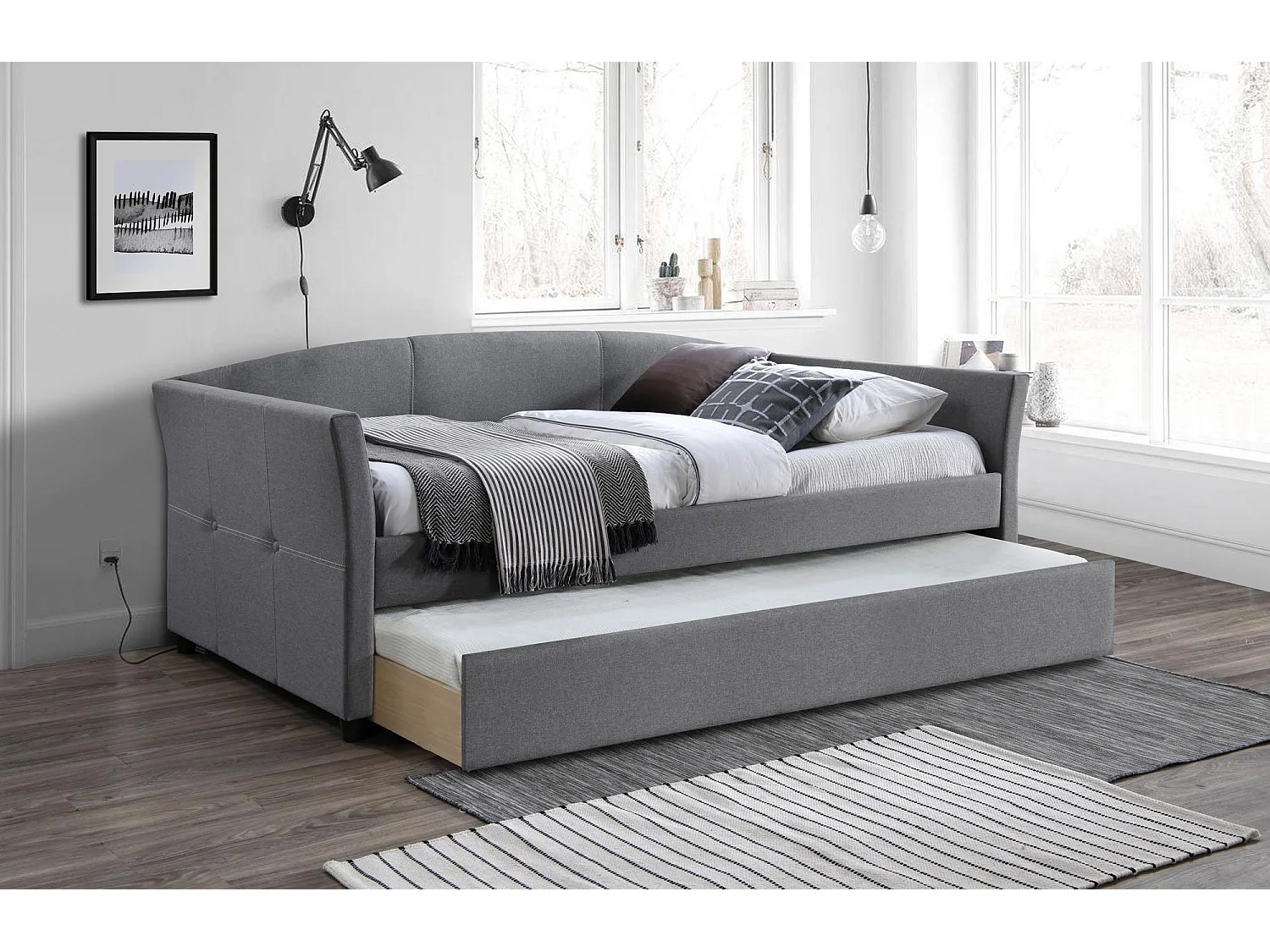 Letto a scomparsa in tessuto grigio con struttura in legno di caucciù siciliano