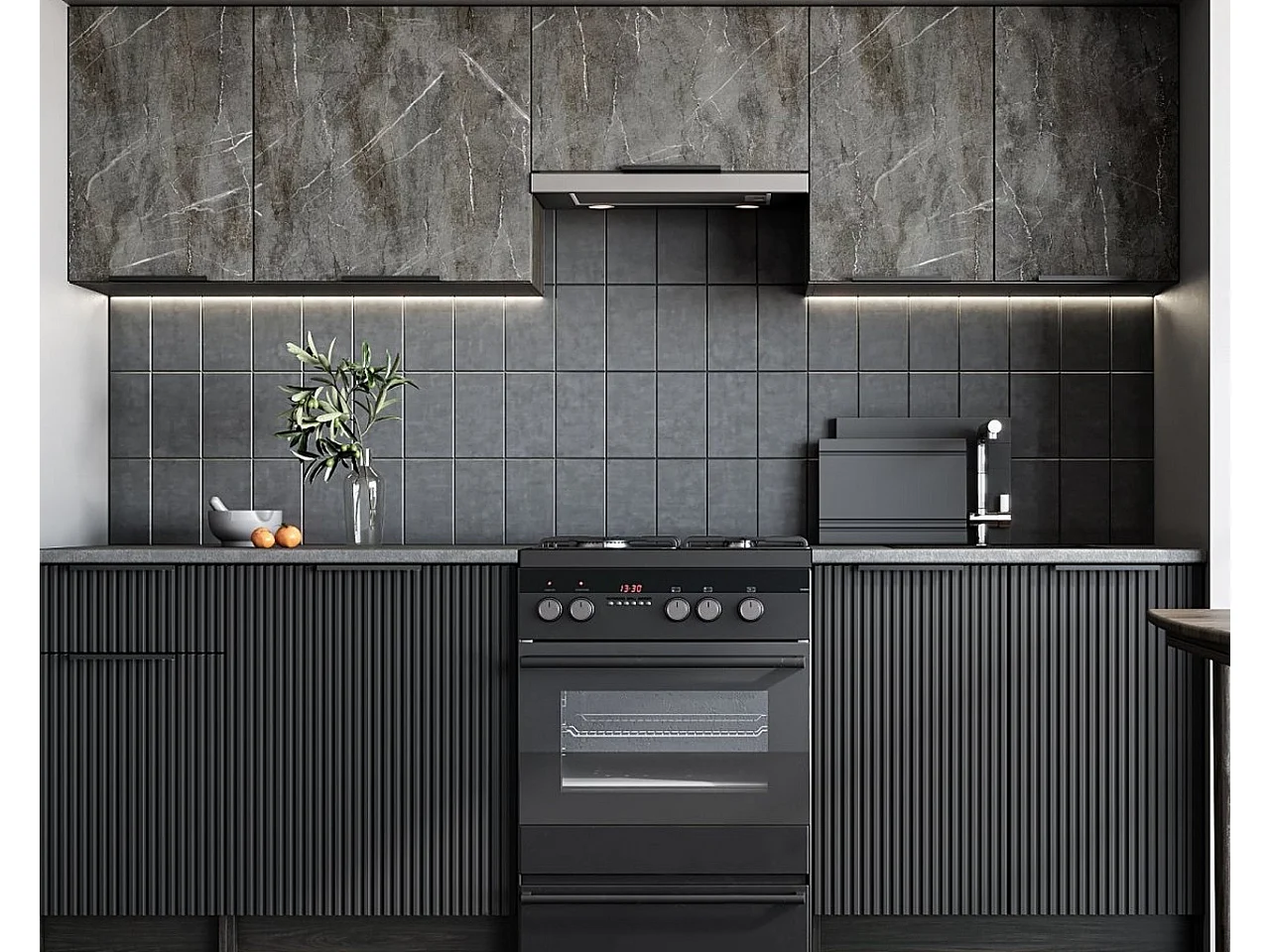 Cocina Bérangère 240 cm mármol y gris