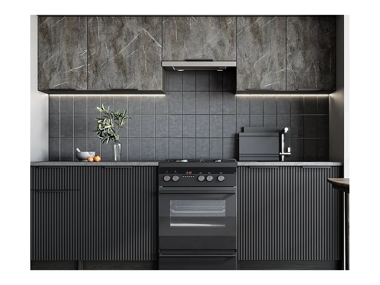 Cuisine 240 cm aspect marbre et gris Bérangère