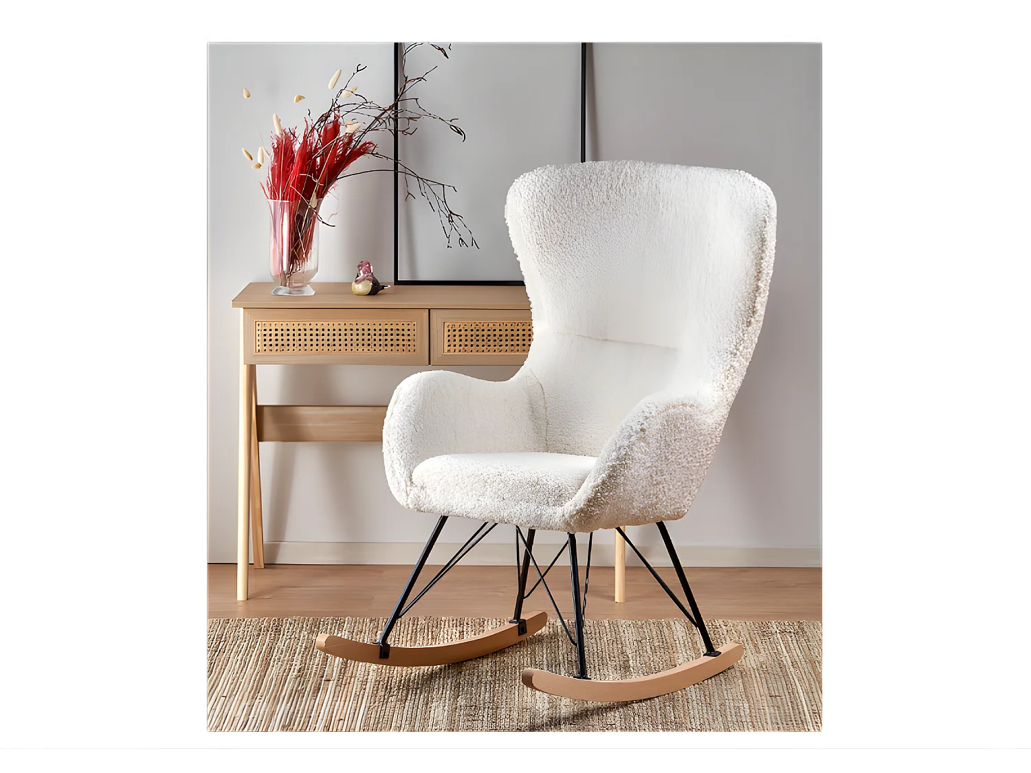 Sedia a dondolo in tessuto riccio con base in metallo e legno massiccio URIELL 2